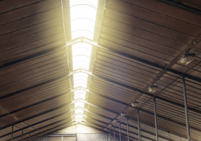 inside of shed looking at roof with lights